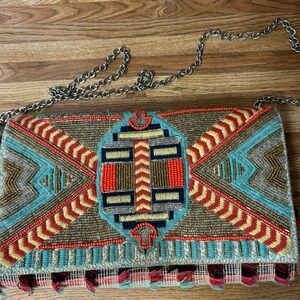 Embroidered Beaded Tribal Clutch in Teal and Red